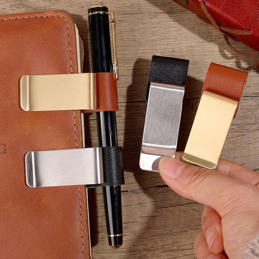 Retro Metal Leather Pen Clip Stainless Steel Pen Holder for Travelers Notebook Diary Portable Office School Paper Folder Access Qme
