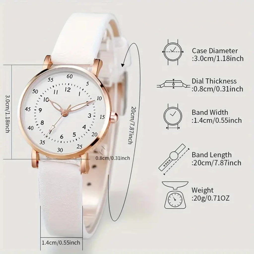 6 Pçs/set Relógio de Quartzo Feminino Moda Mostrador Árabe Pulseira de Couro Relógio de Quartzo Conjunto de Jóias (Sem Caixa) Qme
