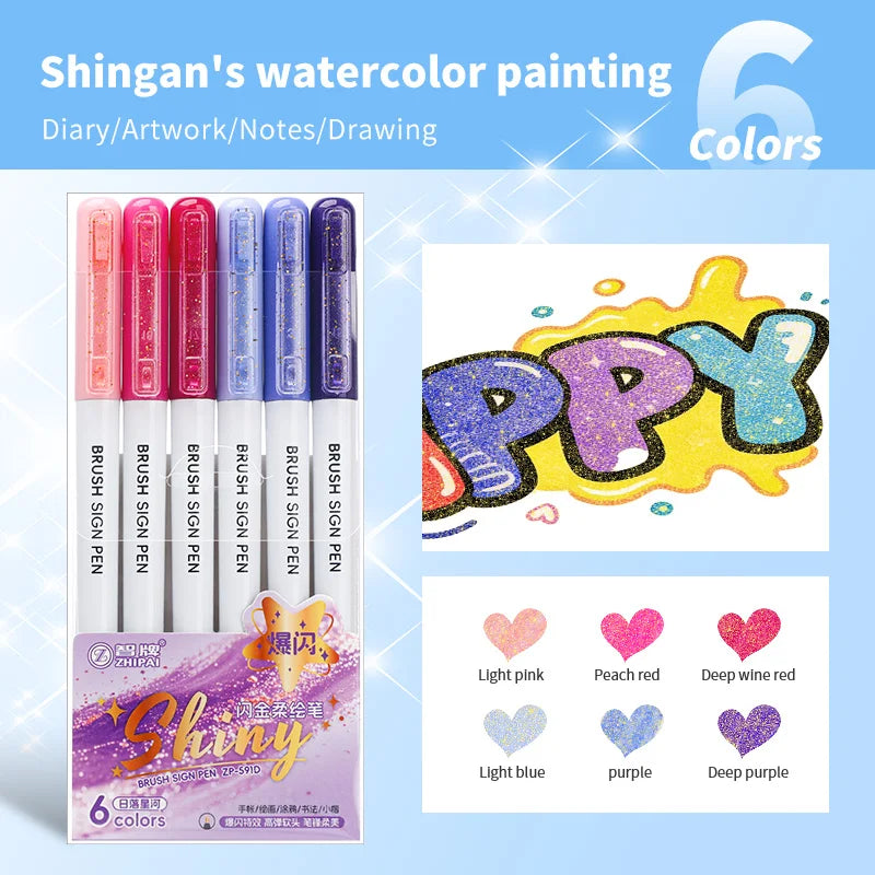 6Pcs Shiny Glitter Calligraphy Markers, Colorful Fluorescent Drawing Pens for DIY Painting Art Craft Stationery Supplies Qme white pen holder A