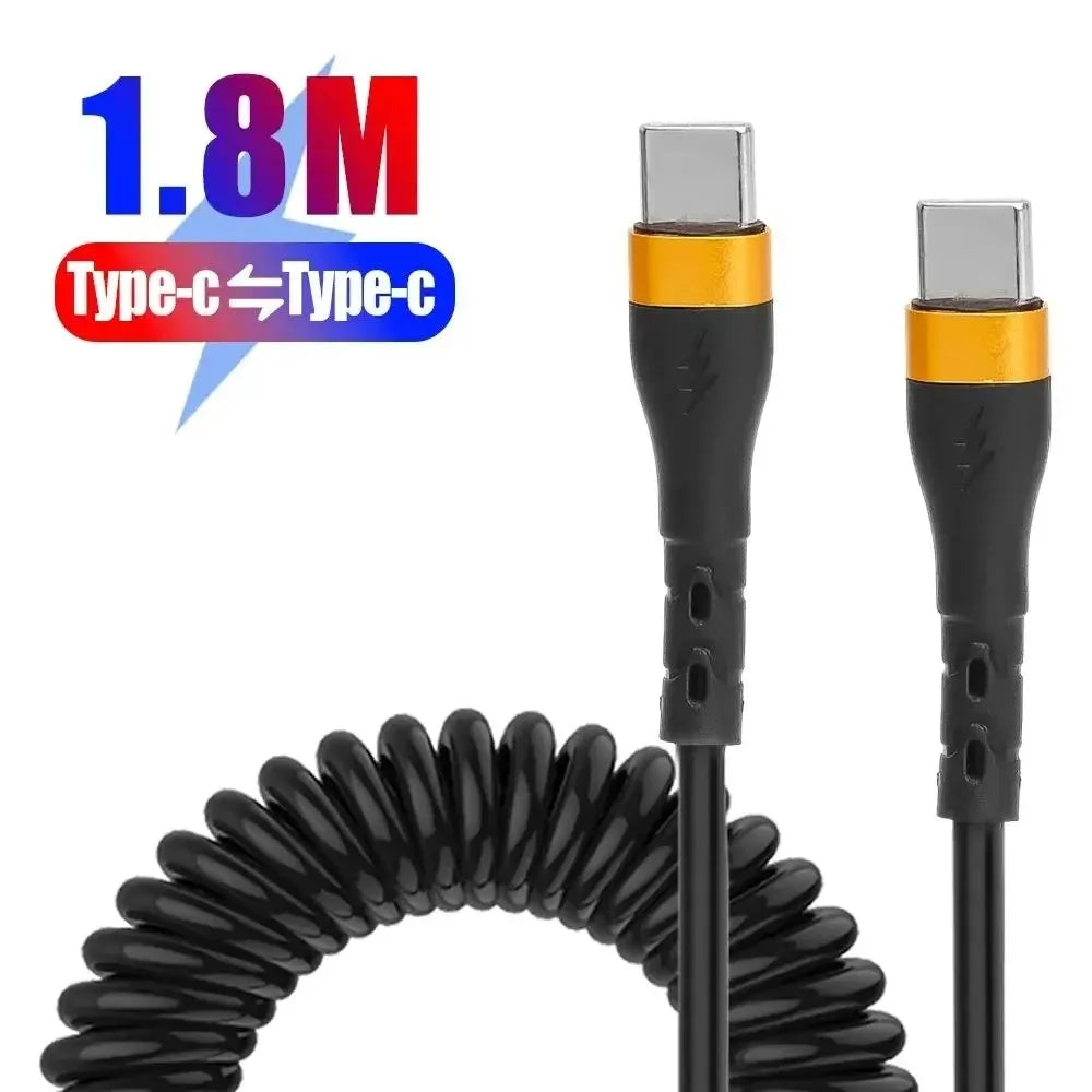 PD 120W Type C To Type C Cable Fast Charge USB C Spring Car Charger Cable For iPhone 16 15 Xiaomi Samsung Fast Charge Data Cord Qme Gold 1.8m