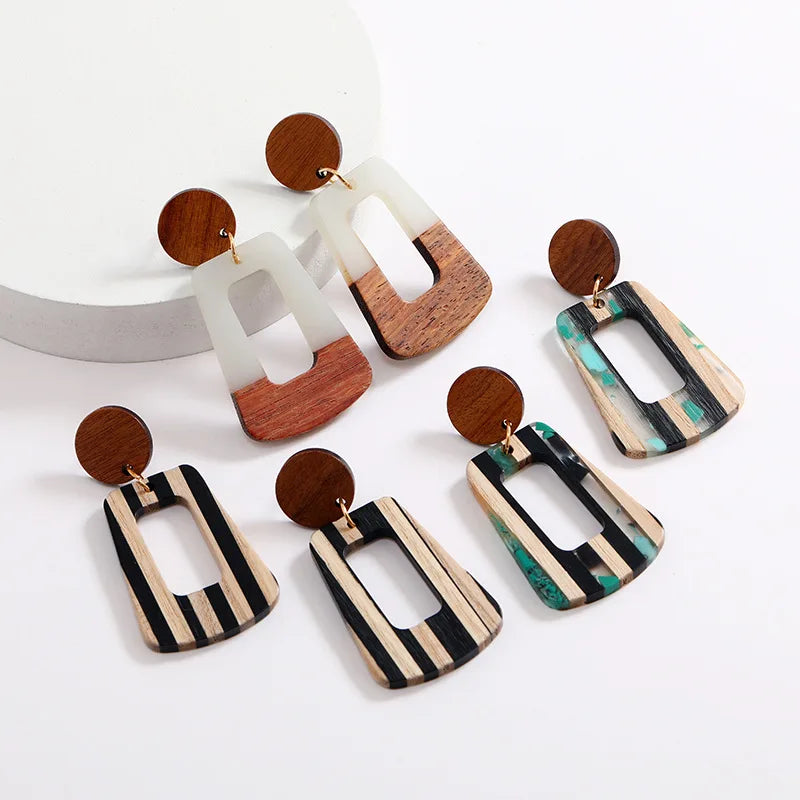 New Fashion Creative Wood Splicing Resin Earrings Hollow Trapezoid Geometric Earrings For Wedding Party Daily Wear Jewelry Gift Qme