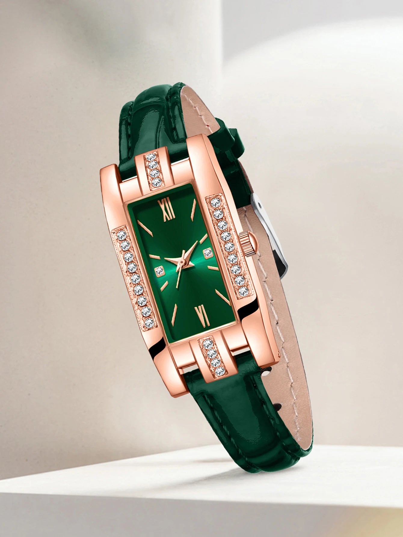 Rose gold diamond encrusted rectangular women's leather strap watch, available in red and green colors, vintage Roman stone watc Qme