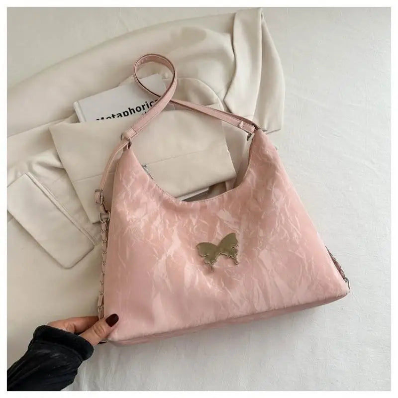 Women Fashion Shoulder Crossbody Dual-use Bag Silver Butterfly Decor Large Capacity For Daily Commute Shopping Travel Qme Pink