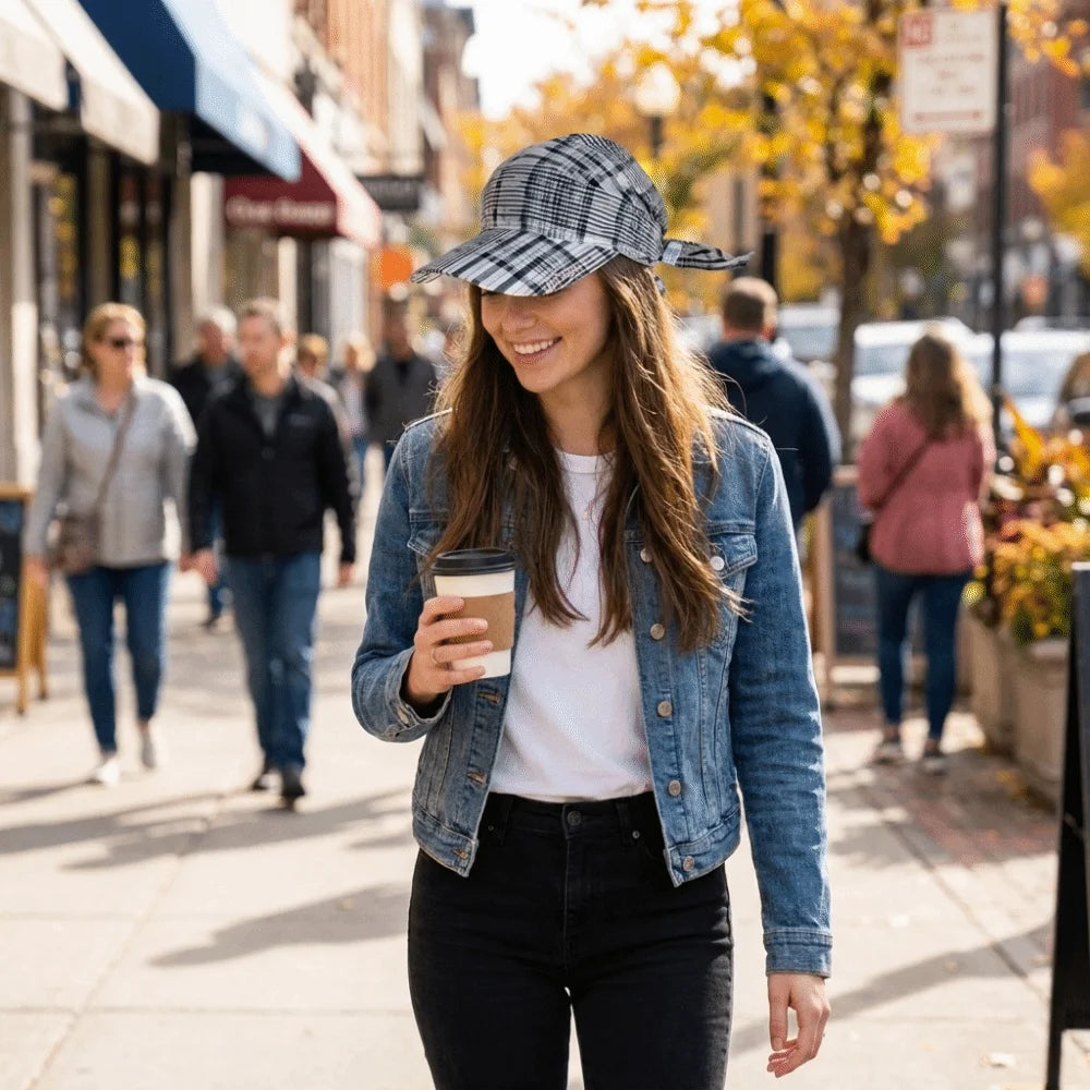Contrasting Color Retro Plaid Sun Hat Retro Wide Brim Personalized Strap Cap Strap Adjustable Retro Plaid Turban Hat Qme