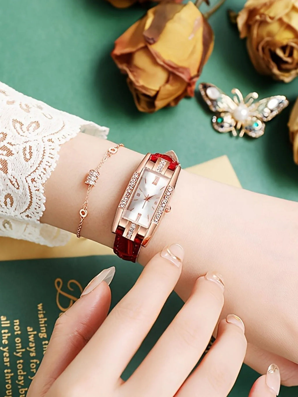 5Pcs/set Red Gold Feast - Ruby and Diamond Jewelry Watch Set Qme