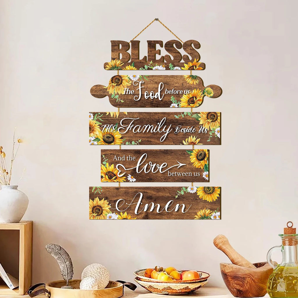 1 set of 2D gratitude wooden wall hanging decoration before meals, sunflower pattern, rustic farmhouse wall decoration Qme Default Title