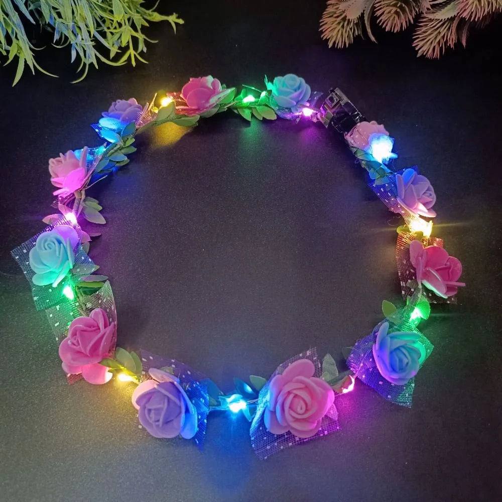 Simulation Rose Flower Wreath Headband Tiara LED Light Crowns Qme
