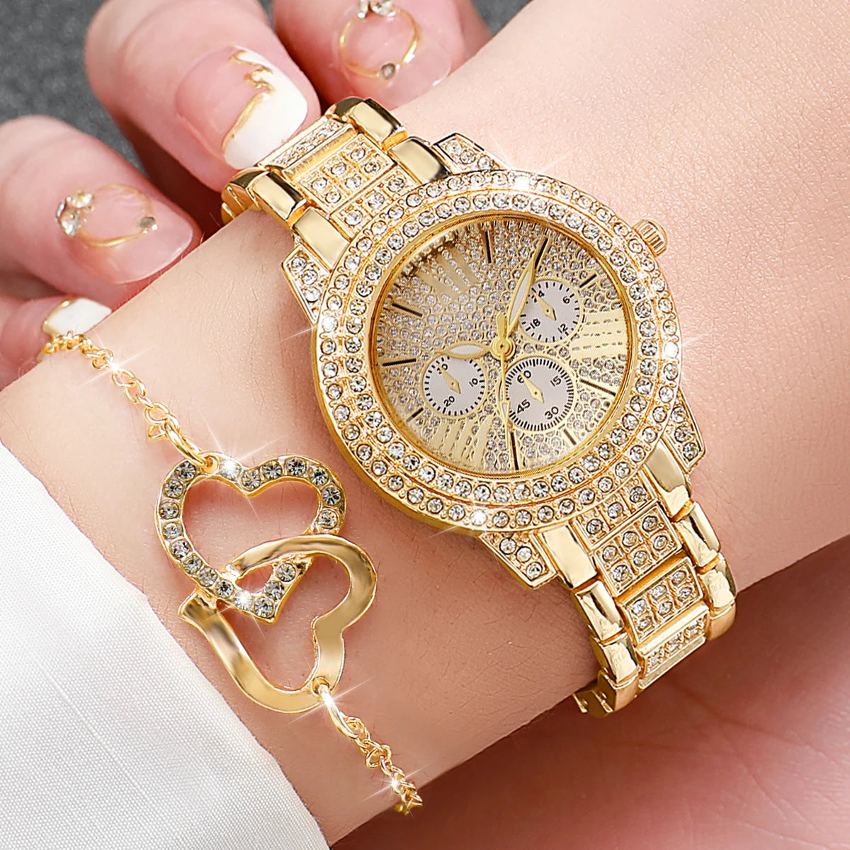6PCS Luxury Rhinestone Women Watch Jewelry Set Ladies Fashion Alloy Strap Quartz Wristwatch Reloj Mujer Girls Clock(Without Box) Qme