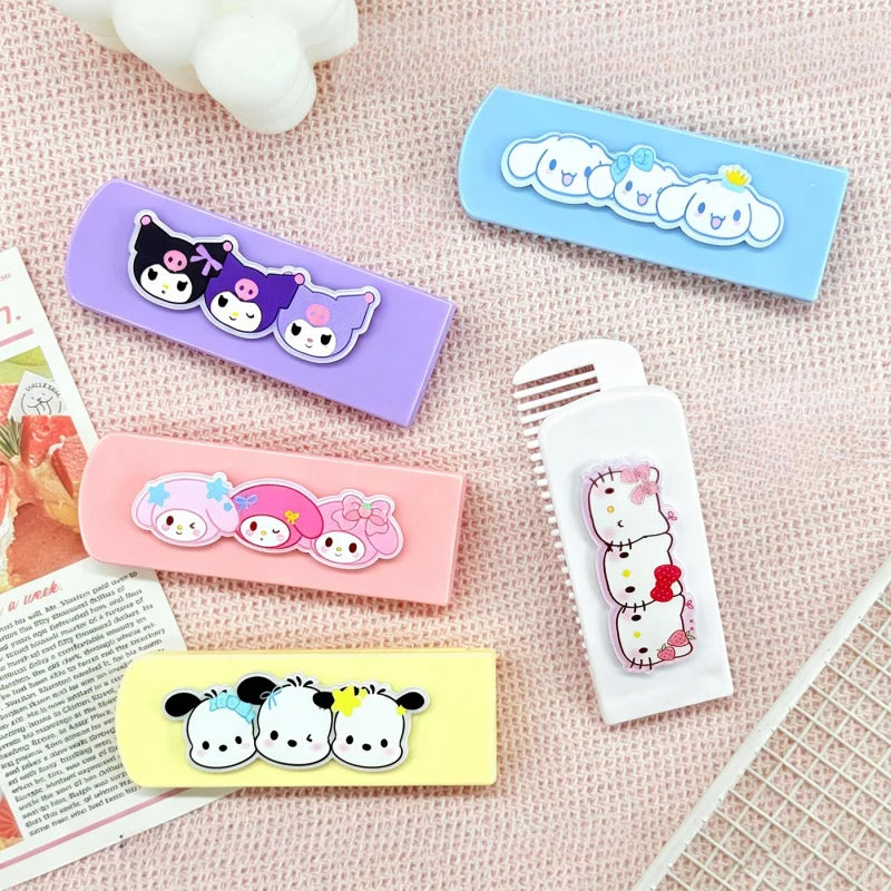 Cute Mini Hello Kitty Comb Cartoon-Style Folding Bangs Comb Portable Fine-Tooth Comb with Mirror Qme