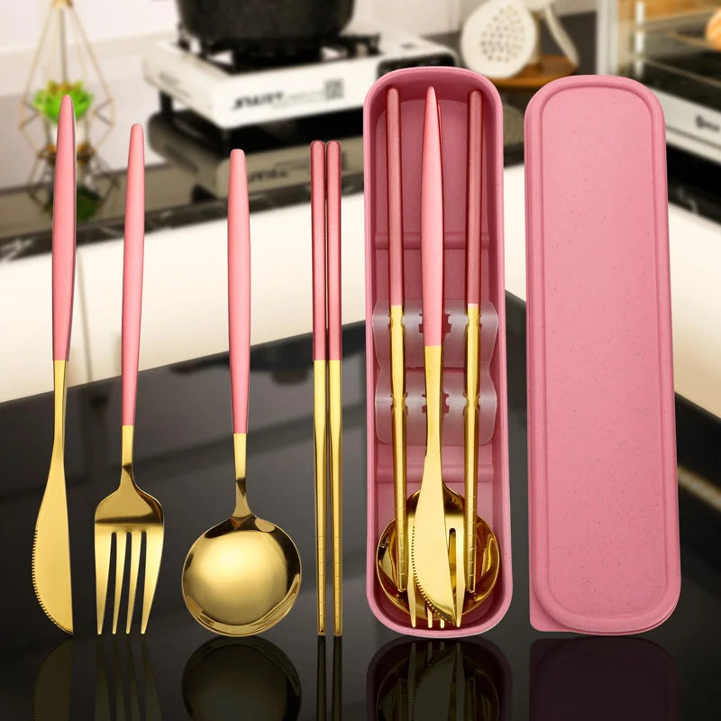 Stainless Steel Cutlery Set With Storage Box 4 Counts Portable Tableware Set For Home Kitchen Dining Room Household Tableware Qme