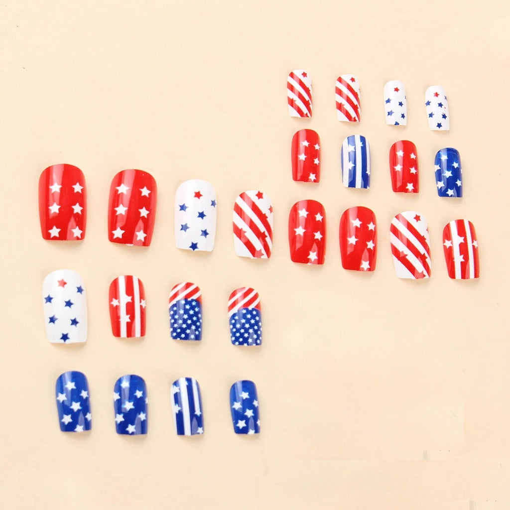 Detachable European Square False Nails Mid Long Style Red Blue Star Stripes Independence Day Wearable Nail Tips Beauty Qme