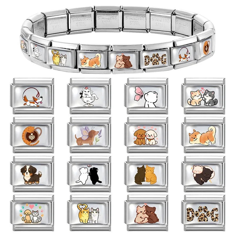 Fashion Pink Heart Dogs Cats Colorful Pets Animals Italian Charm Fit 9mm Stainless Steel Women Fashion Bracelet DIY Jewelry Gift Qme