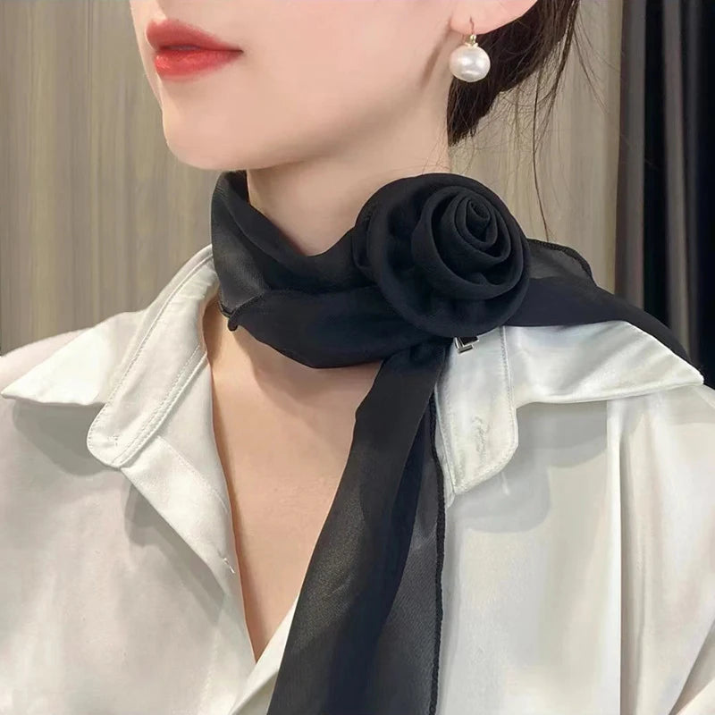 Versatile Rose Design Silk Scarf Soft Neckerchief Girls Women Long Qme Black