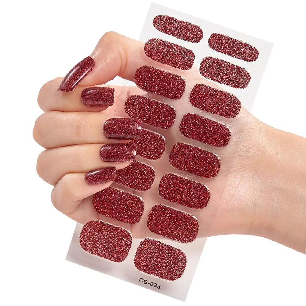 Hot 16Tips/1 Sheet Full Cover Nail Stickers Glitter Nail Polishs Strips Sparkling Red Self Adhesive DIY Manicure Art Decoration Qme 05