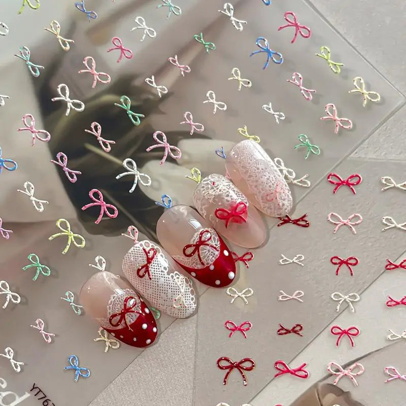 Colorful Bow Ribbon Bowknot Nail Sticker 3D Mini Appliques Adhesive Qme