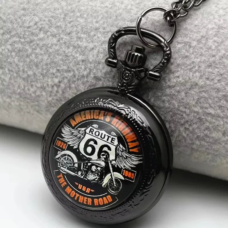 Route 66 The Mother Road Motorcycle Pattern Pocket Watch Design, Precise Quartz Movement Watch, Gift For Men And Kids Qme