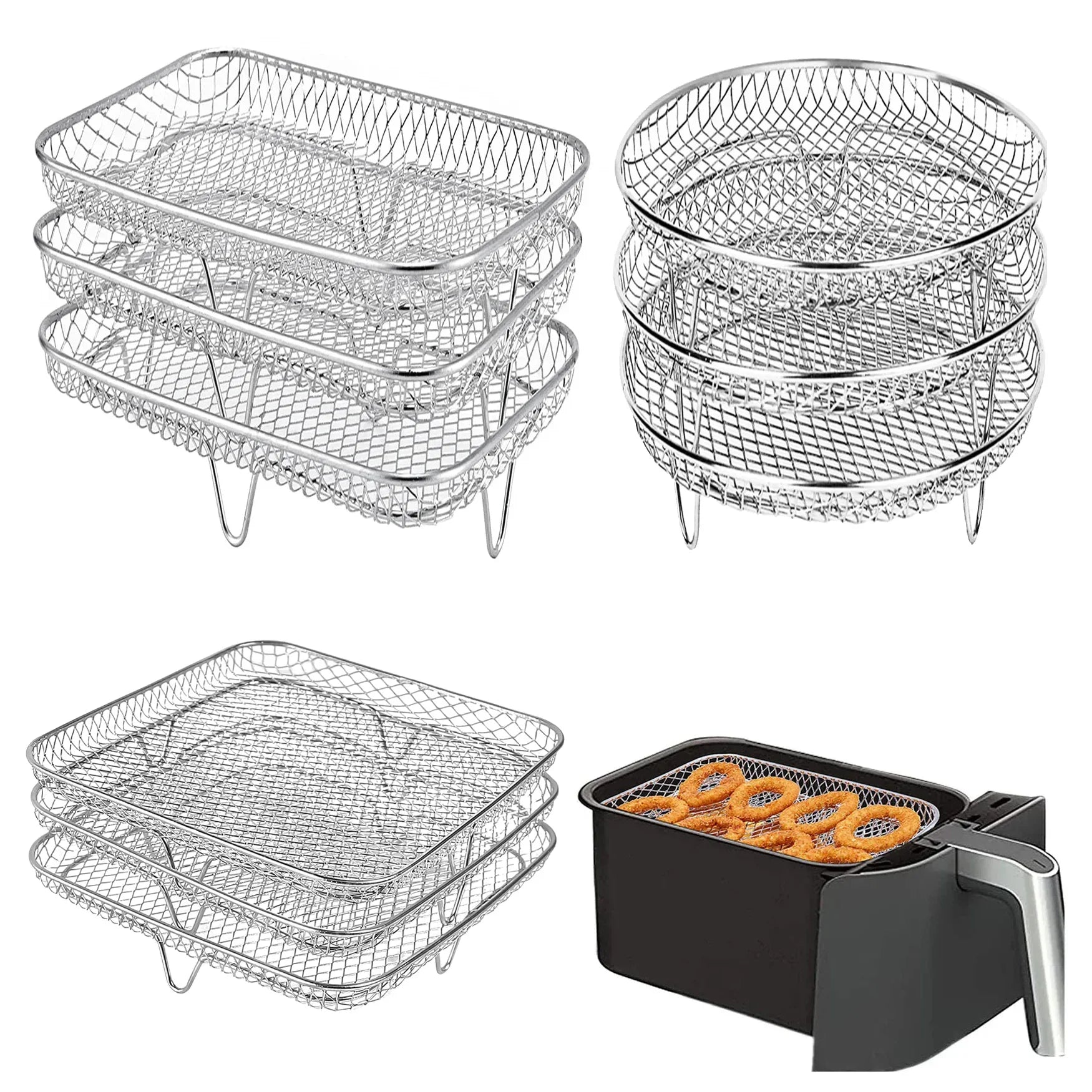 Three Stackable Air Fryer Rack Ovens Racks Stainless Steel Basket Tray Air Fryer Accessories Kitchen Gadgets Baking Tools Qme