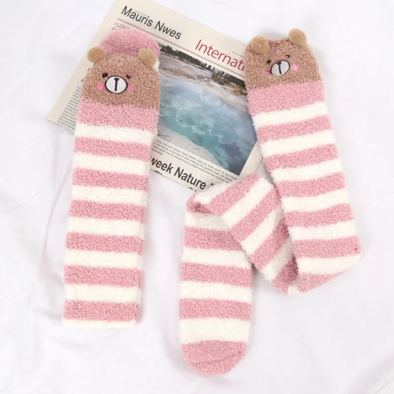 Women Girl Cute Winter Striped Coral Velvet Long Socks Warm Thicke Knee Length Socks Cute Bear Fox Sheep Home Towel Stockings Qme