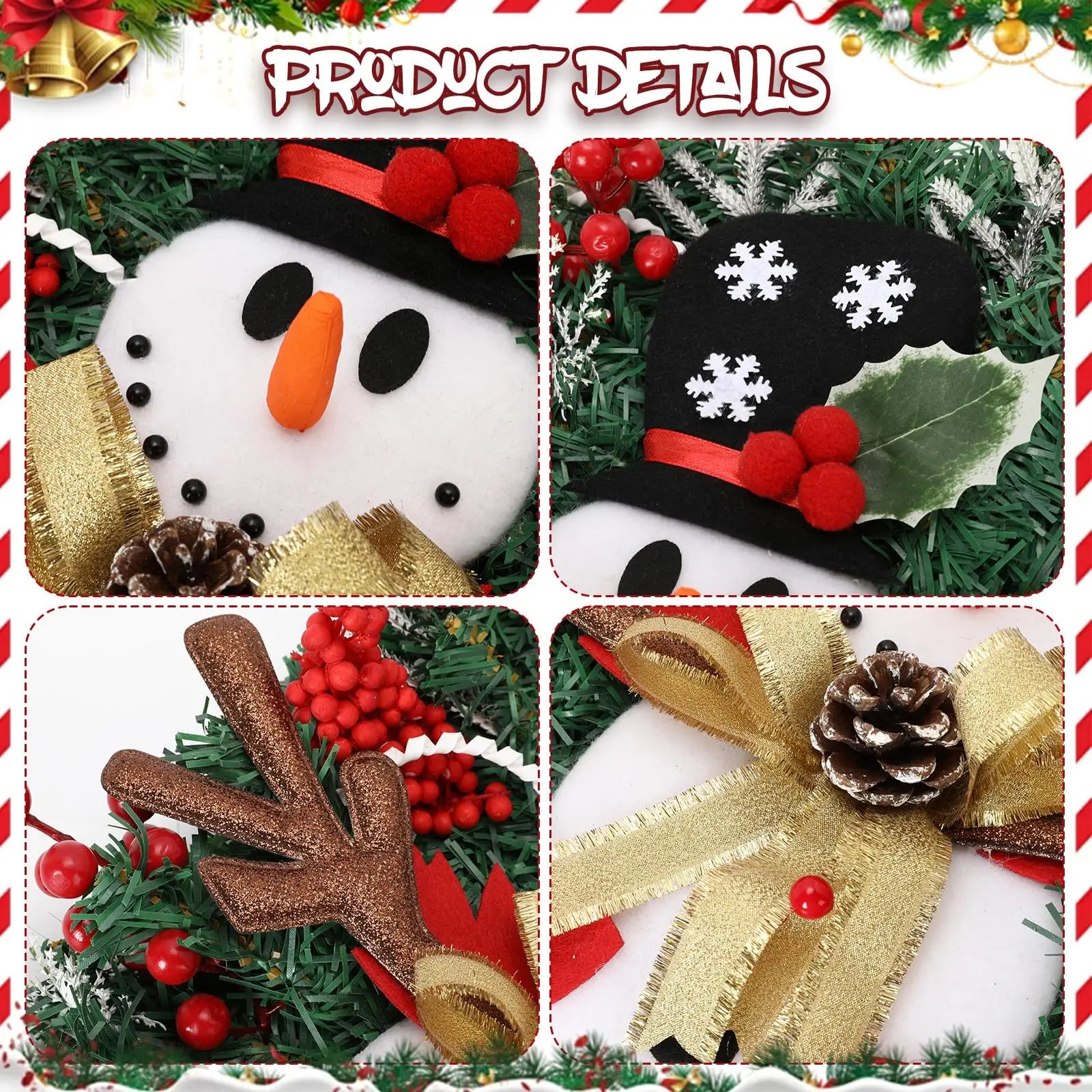 Snowman Christmas Wreath Artificial Front Door Garland Red Berries Pine Branches Hanging Decorations for Home Wall Window Qme