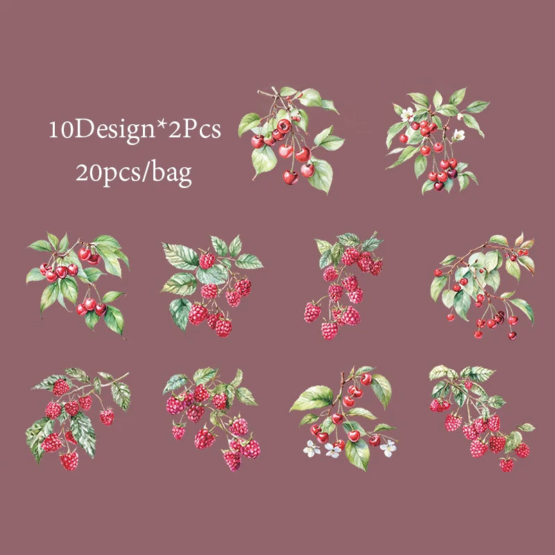 20 Sheets/Bag PET Shell Light Stickers Plant Fruit Pattern Sticker For Hand-Collage Material DIY Greeting Card Cup Decoration Qme 4