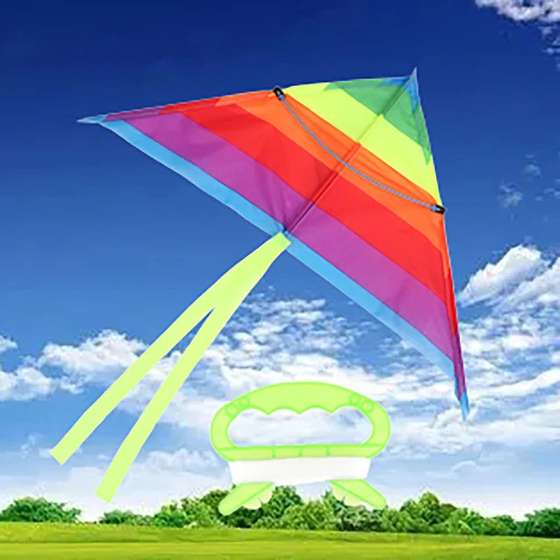 Colorful Triangle Rainbow Kite Flying Toys Children Kids 30M String Qme