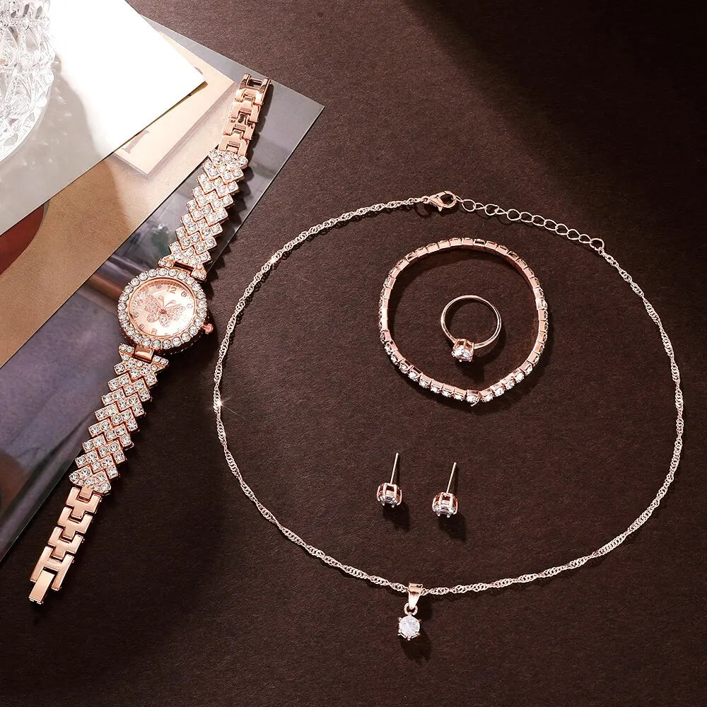 6pcs Jewelry Set Rose Gold Luxury Watch Women Ring Necklace Earring Rhinestone Fashion Wristwatch Casual Ladies Watches Qme