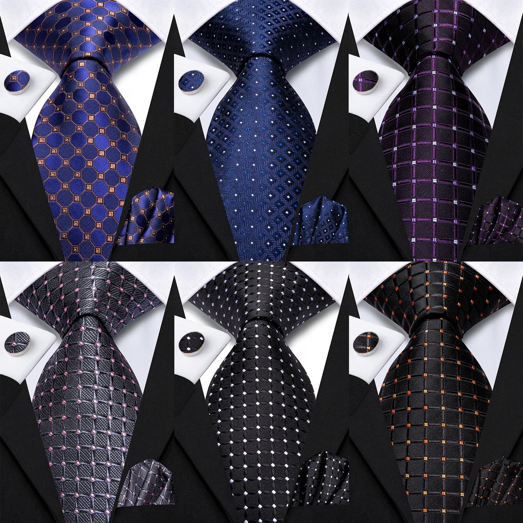 Hi-tie Fashion Black Plaid Dots Men's Elegant Tie Handkerchief Qme