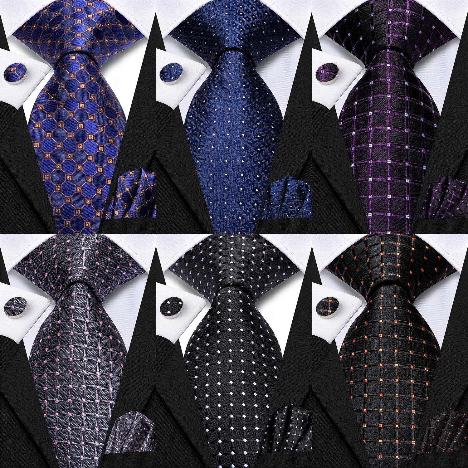 Hi-tie Fashion Black Plaid Dots Men's Elegant Tie Handkerchief Qme