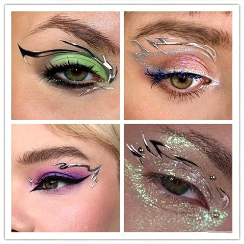 3D Metallic Punk Silver Eye Shadow Stickers Metal Eyeliner Decals Self-adhesive Futuristic Festival Party Eye Makeup Stickers Qme