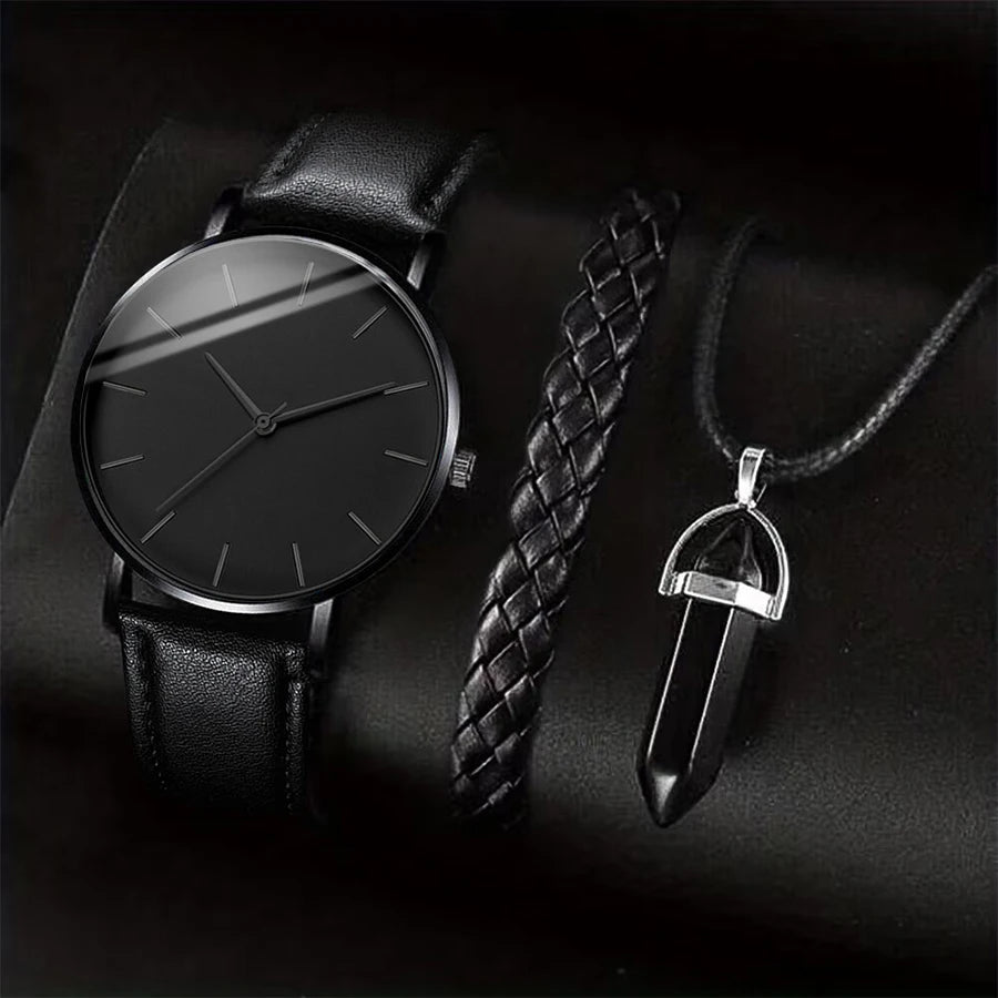 Luxury Geneva Multifunctional Chronograph Men Watch & Black Obsidian Lion Crown Bead Bracelet 2 In 1 Male Accessory Gift Set Qme A Set No Box