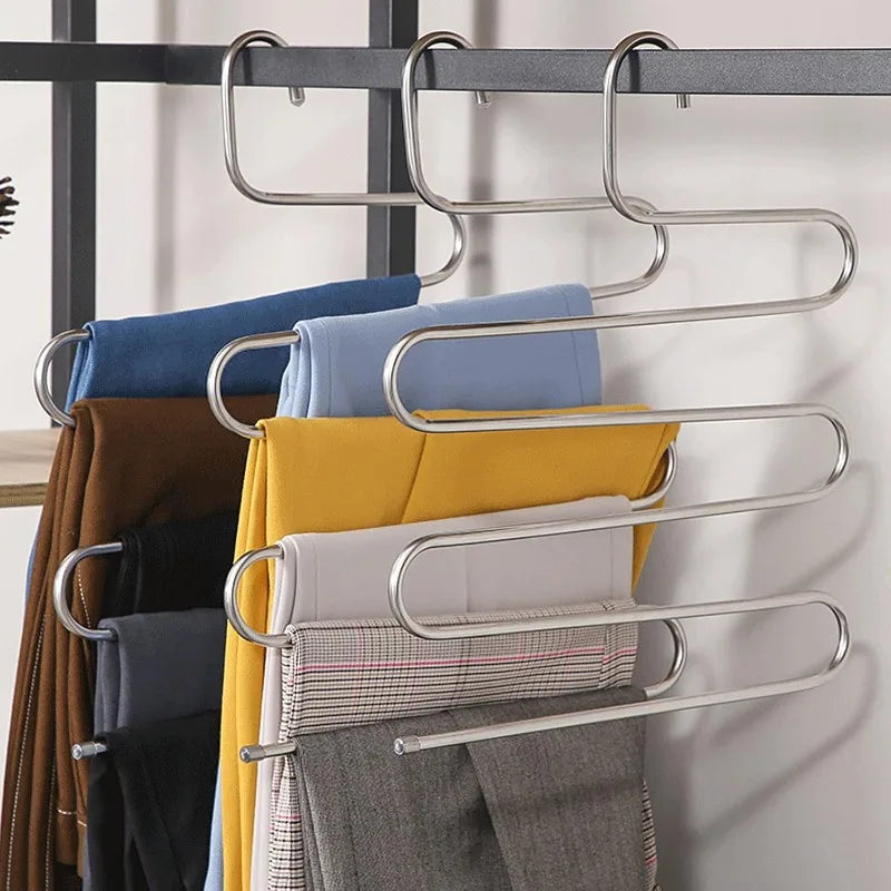 5-layer S-shaped Stainless Steel Trouser Rack Multifunctional Hanger Space-saving Non-slip Pants Storage Accessories Qme