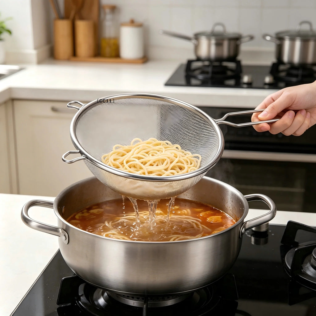 Ergonomic Kitchen Strainer Christmas Recipes Non Slip Handle Hook Qme