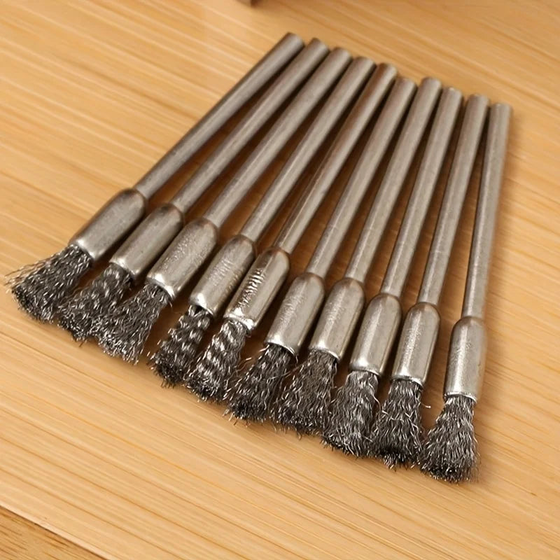 10-Piece stainless steel wire brush, 3mm round handle, uncharged cleaning, deburring and polishing brush for precision work Qme