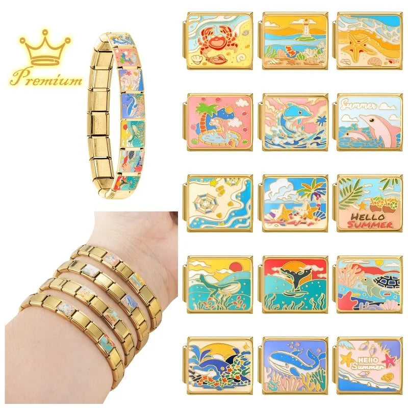 Blue Sea World Starfish Beach Summer Gold Color Italian Charm Links Fit 9mm Stainless Steel Bracelet Women Jewelry DIY Making Qme