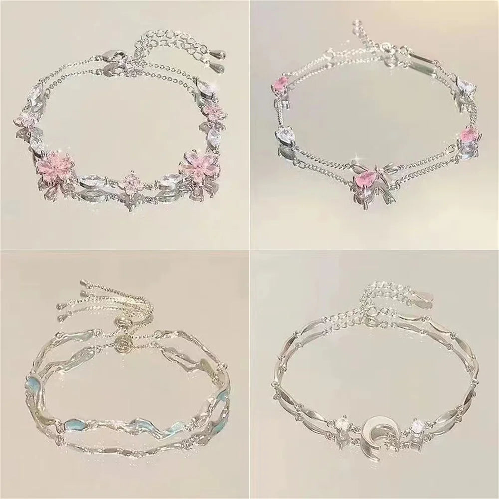 Elegant New Flowers Bracelet for Women Sweet Y2K Moon Cherry Blossom Bow Zircon Bracelets Luxury Designer Trend Daily Jewelry Qme