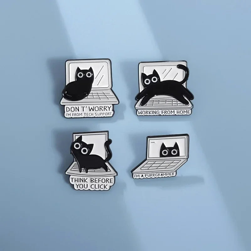 Cartoon Black Cat Brooch Enamel Pins Creative THINK BEFORE YOU CLICK Lapel Backpack Badges WORKING FROM HOME Jewelry Wholesale Qme