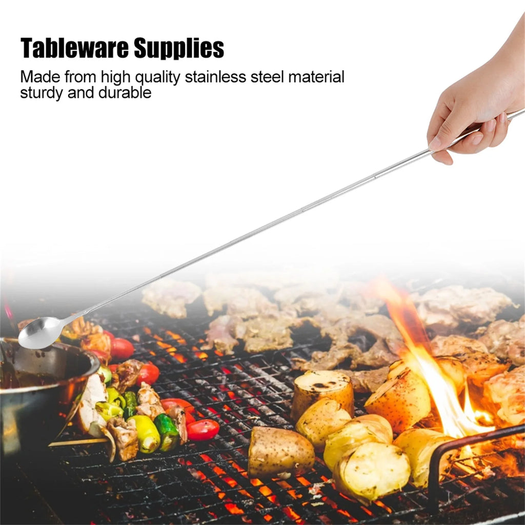 62cm Stainless Steel Telescopic Stirring Spoon Fork Set Extendable BBQ Tool Barbecue Utensils Cooking Camping Tableware Qme