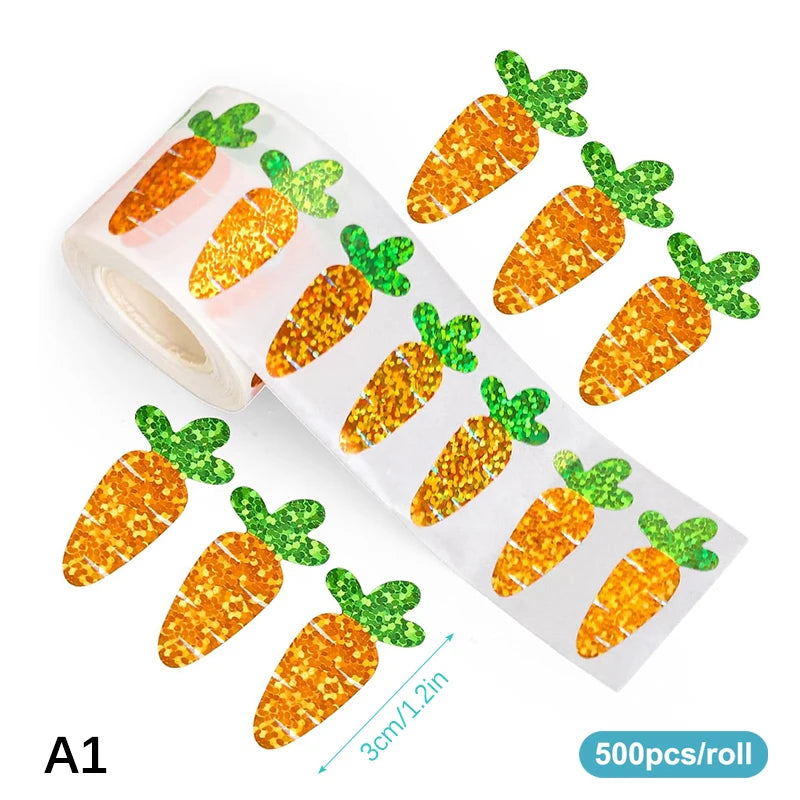 500pcs/roll Easter Bunny Carrot Stickers Holographic Waterproof Stickers For Easter Egg Hunt, Party Decorations, Scrapbooking Qme A1