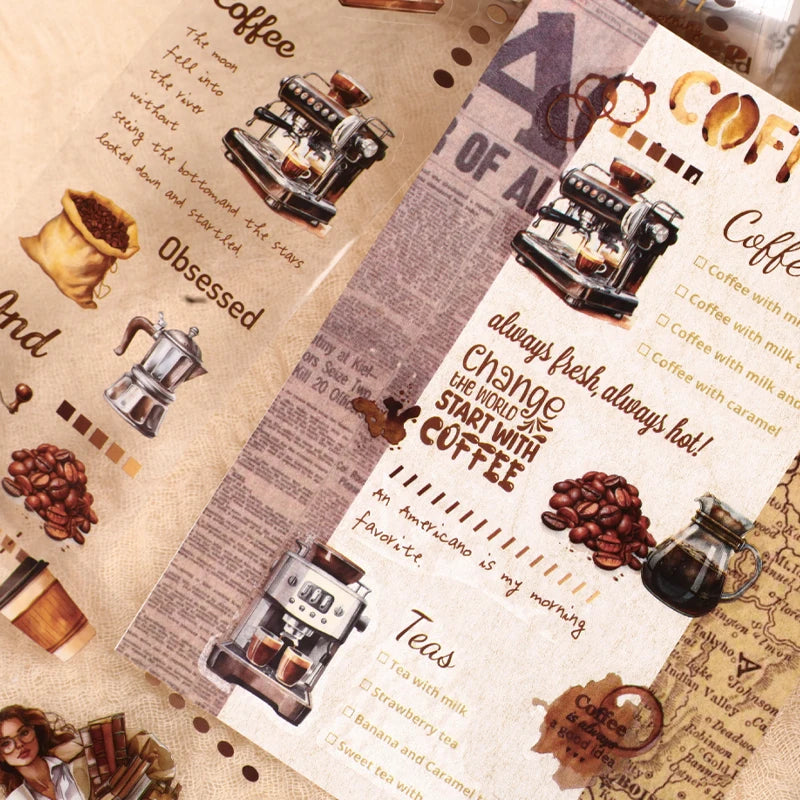Vintage Coffee Themed PET Washi Tape, Aesthetic Decor for Junk Journals, Notebooks & DIY Art Crafts Qme