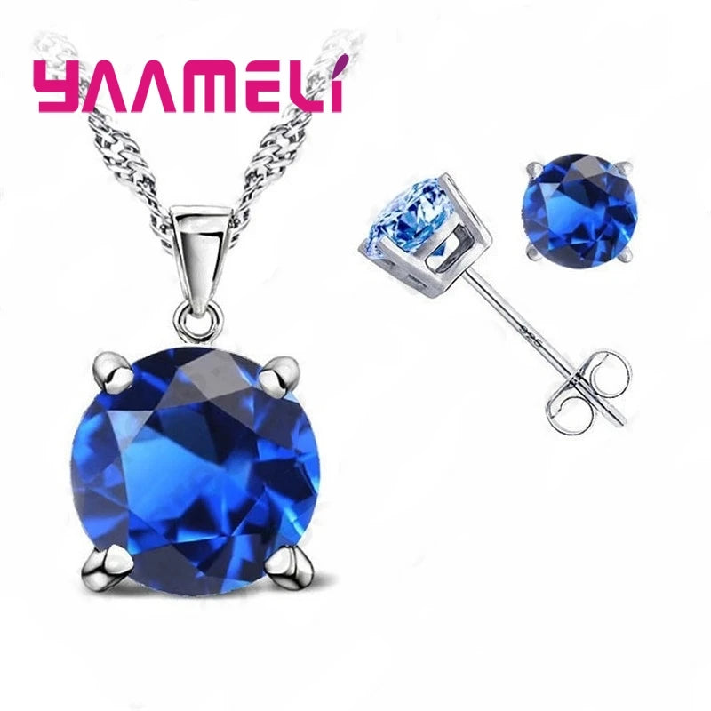 Good Quality 925 Sterling Silver Color Jewelry Sets for Woman Classic Claw Setting Cubic Zirconia Stud Earring Pendant Necklace Qme