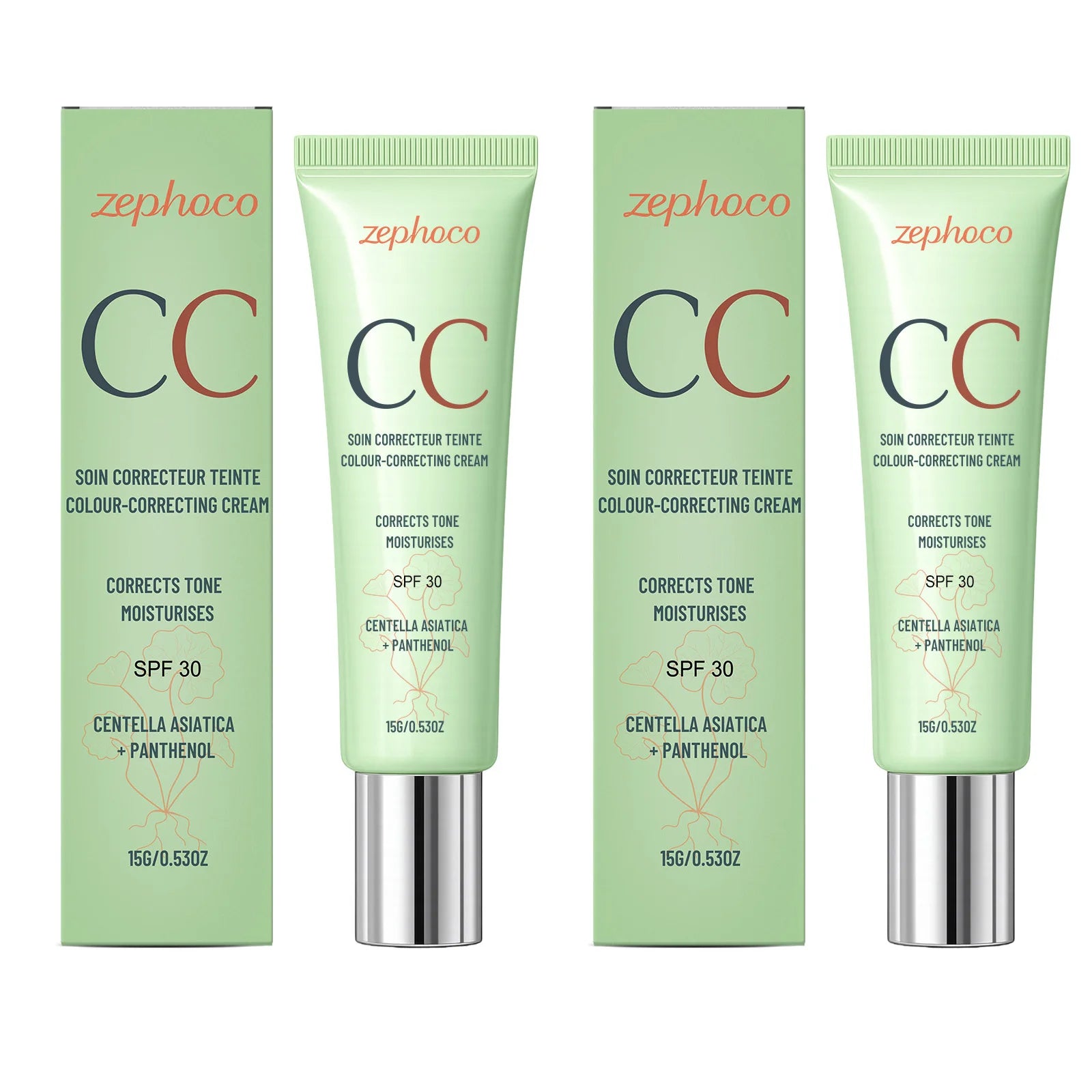Zephoco Color Correcting Cream SPF 30 Anti UV Sun Protection Redness Blemish Cover Waterproof Centella CC Cream Foundation 15g Qme 2 X 15g Boxed