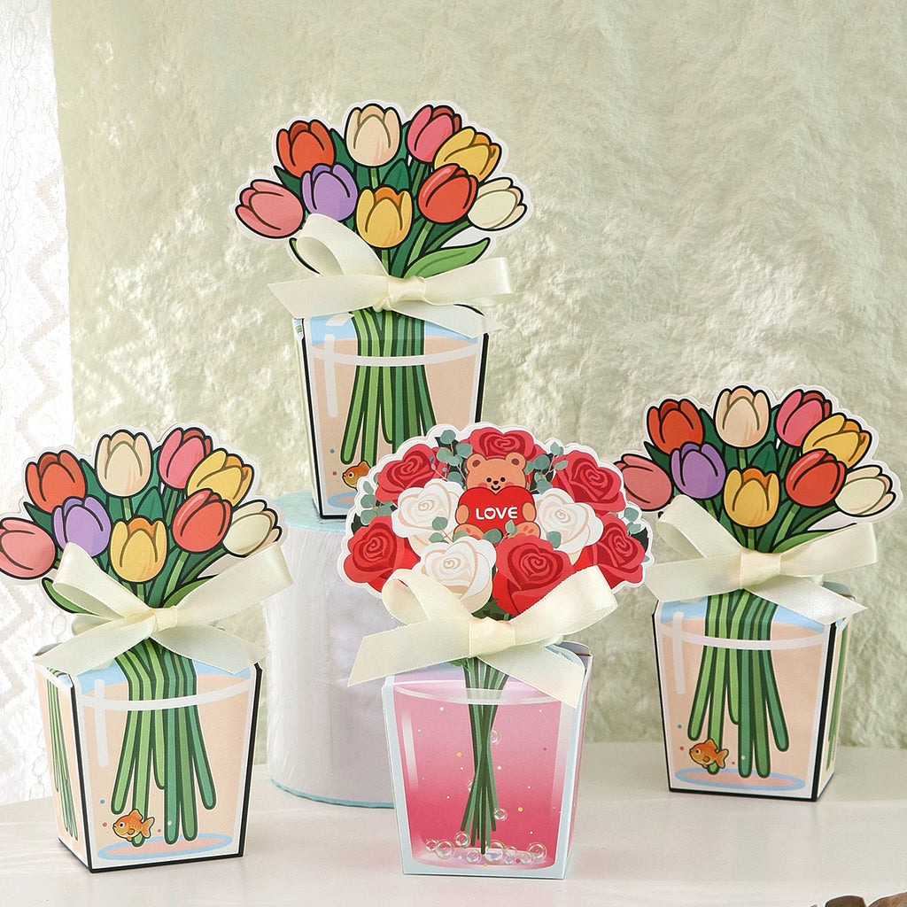 10 Creative 3D Tulip Bouquet Gift Boxes, Romantic Rose Teddy Bear Bouquet Gift Boxes, Hand-Painted Transparent Vases Decorated with Fish-Shaped Patterns, Paired with Off-White Satin Ribbon Bows, Holiday Party Tabletop Decorat Qme