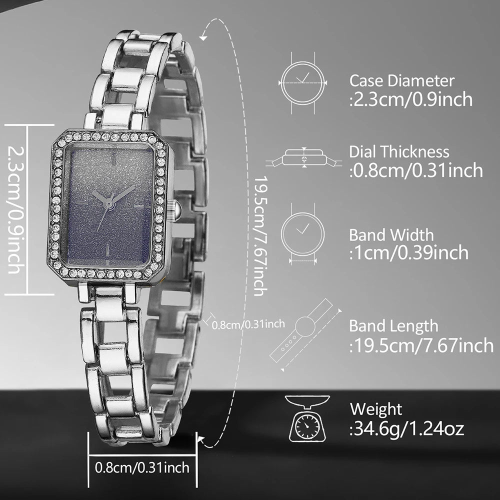 2PCS Silver Women's Watch Set Luxury Trendy Simple Quartz Watch Bracelet Set Suitable for Daily Clothing Matching Perfect Gift Qme