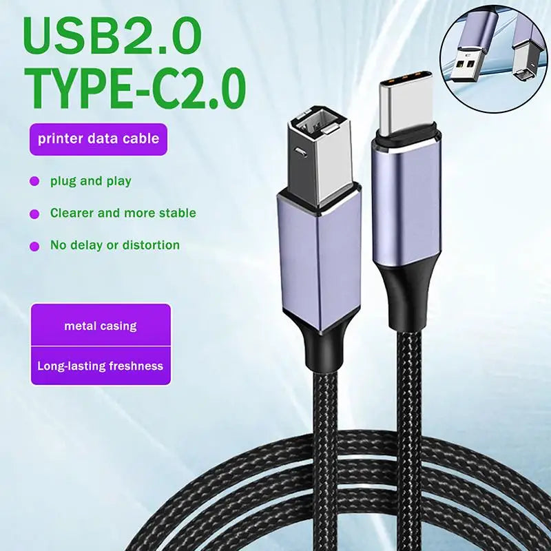 USB-C USB B 2 0 Printer Cable High-speed Braided Reliable Data Qme