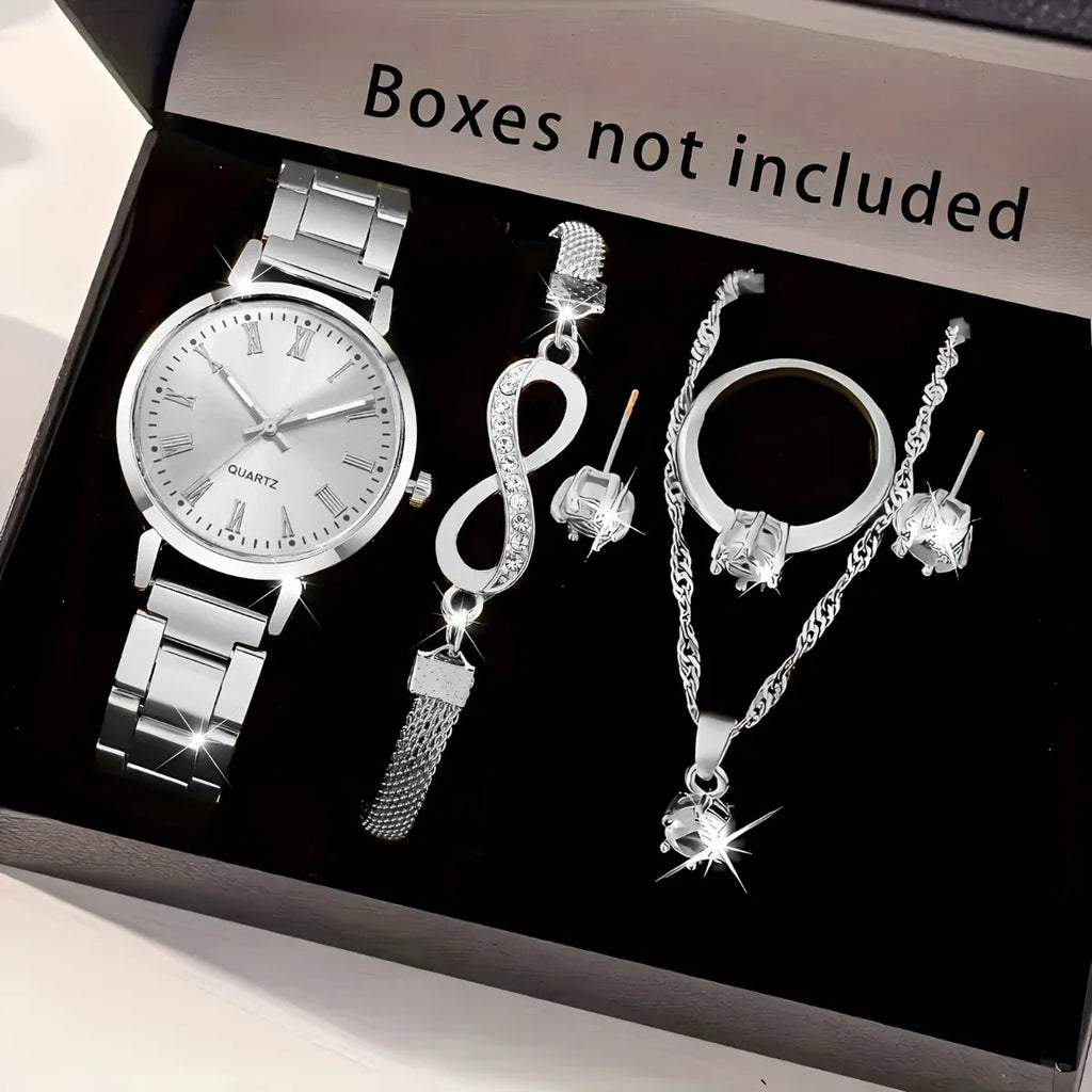 2026 6pcs/set Elegant Women Quartz Watch Fashion Simple Dial Ladies Wristwatch Rhinestone Jewelry Set Reloj Mujer（Without Box） Qme