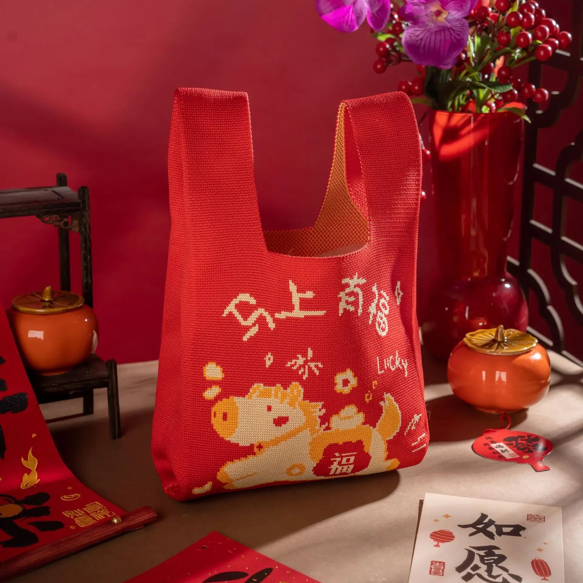2026 Horse Year Cartoon Mascot Pony Knitted Bucket Bag Women Fashion