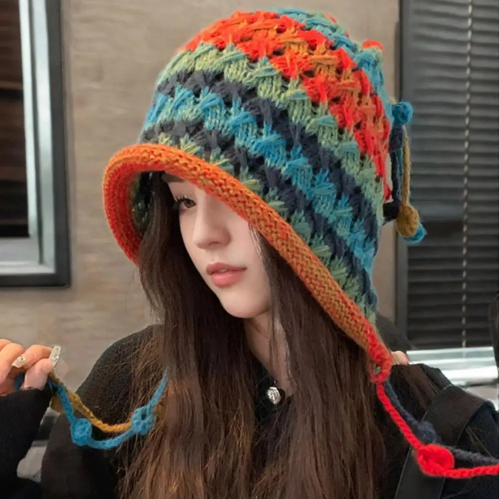 NEW Colorful Rainbow Striped Knit Wool Beanie Hat For Women Winter Warm Crochet Ear Protection Cap Female Snow Windproof Bonnet Qme