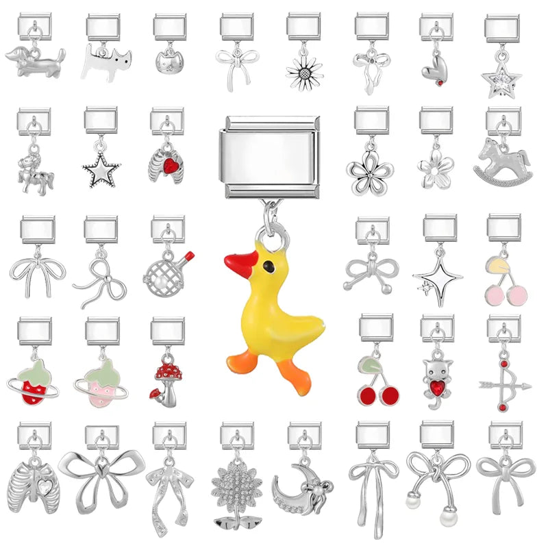 Wholesale Y2K Cute Yellow Duck PendantRed Mushroom Italian Charm Links Stainless Steel Fit 9mm Bracelet Jewelry DIY Making Gifts Qme