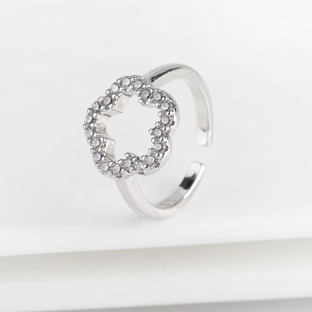 Fashion Cubic Zirconia Five Leaf Flower Open Adjustable Ring Simple for Woman Girl Party Wedding Finger Jewelry Daily Wear Qme Silver resizable