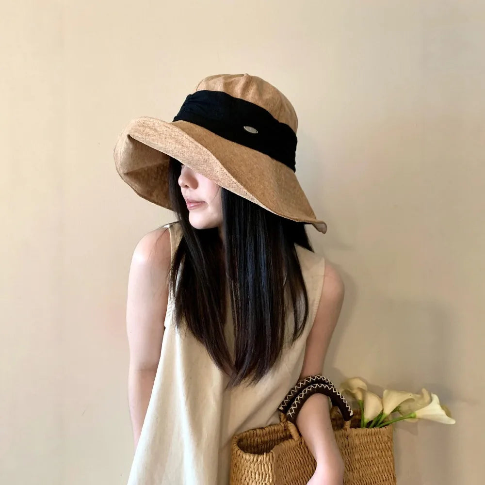 Solid Color Cotton Linen Fisherman Hat Cotton Linen Wide Brim Sunshade Hat Breathable Sun Protection Summer Sun Hat Ladies Qme Khaki